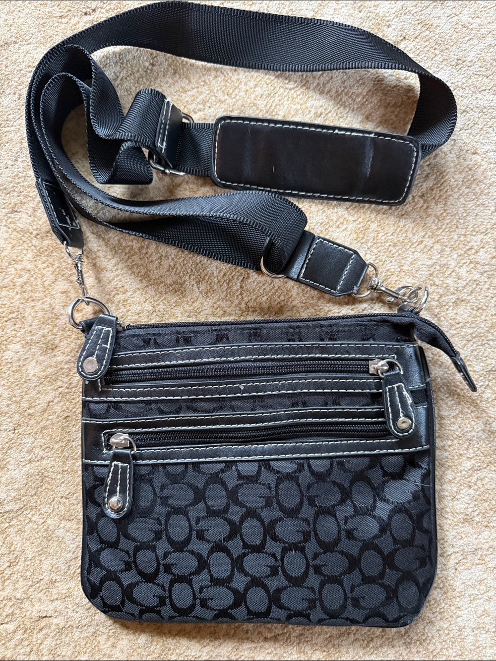 Black Patterned Crossbody Bag with Multiple Zip Pockets
